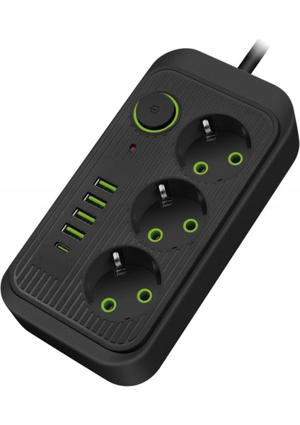 Akım Korumalı Grup Priz, 3’lü 1.5 Metre Kablolu, 4 Usb’li + Type-C, 3000W, 16 Amper, Kablo Üstünde Termal Koruma Sigortalı, Elektronik Ürünlerde Tam Koruma, Çocuk Korumalı, Topraklı (Siyah)