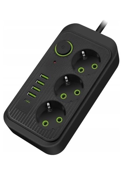 Akım Korumalı Grup Priz, 3’lü 1.5 Metre Kablolu, 4 Usb’li + Type-C, 3000W, 16 Amper, Kablo Üstünde Termal Koruma Sigortalı, Elektronik Ürünlerde Tam Koruma, Çocuk Korumalı, Topraklı (Siyah) modelleri