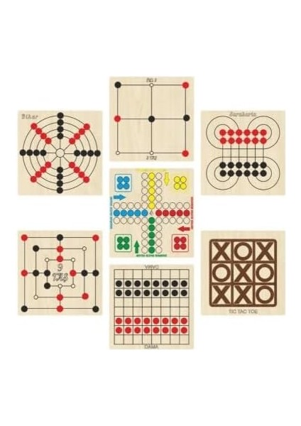Ahşap Zeka ve Strateji Oyun Seti 7 Li, Kızma Birader+Dama+3 Taş+9 Taş+Bihar+Surakarta ve Tic-Tac-Toe ETICSET247
