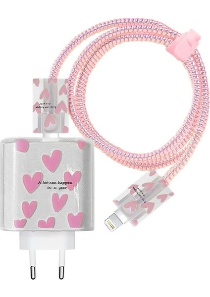 Aksesuar (5963) Pembe Love Şarj Aleti Kılıfı, Şarj Kablosu Örme Aparatı, Toparlayıcı, Kablo Koruyucu Iphone 18W/20W ile Uyumlu