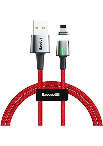 Zinc Magnetic, 2.4 A, USB - A & Lightning, Şarj & Data Aktarım Kablosu, Mıknatıs Uçlu & Işıklı, Hızlı Şarj, 1 Metre, Kırmızı, 30608