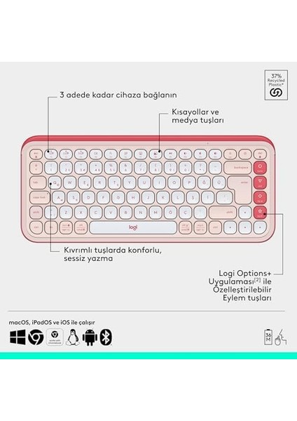 Pop Icon Combo Kablosuz Klavye ve Mouse Seti, Bluetooth, Konforlu Tasarım, Programlanabilir Tuşlar, Sessiz Tıklamalar, 3 Cihaza Kadar Easy-Switch, Türkçe Q Klavye, Pembe