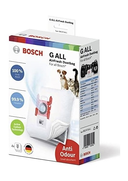 4 x Elektrikli Süpürge Torbası Airfresh Tip G All Bbzafgall,%99,9 Ince Toz Filtreleme, Hayvan Sahipleri Için Ideal,%50 Daha Uzun Kullanım Ömrü, Bsg8 ve Bsn Hariç Tüm Seriler Için modelleri