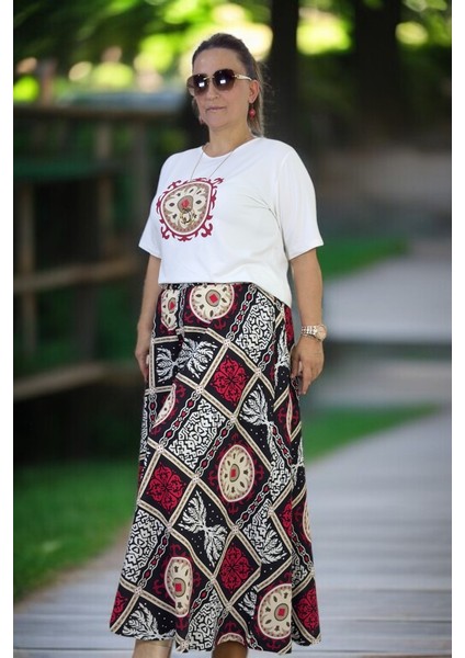 Beli Lastikli Geniş Kesim Pamuklu Viskon Pantolon Etek Penye Bluz Ikili Takım modelleri