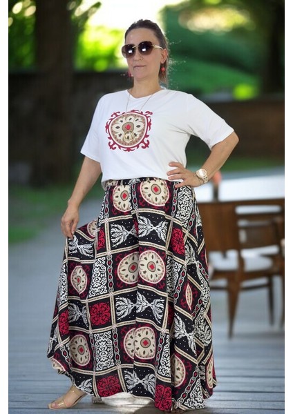 Beli Lastikli Geniş Kesim Pamuklu Viskon Pantolon Etek Penye Bluz Ikili Takım fırsatları