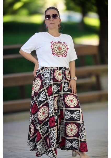 Beli Lastikli Geniş Kesim Pamuklu Viskon Pantolon Etek Penye Bluz Ikili Takım indirimleri