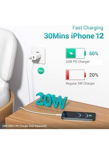 Ios Pd Kablo 30 cm Şarj ve Data Kablosu 20W 3.1 Amper Hızlı Şarj Kablosu USB C Lightning Iphone Carplay modelleri