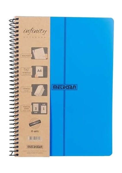 Infinity Primary Serisi, A4, 4 Konulu (3 Kareli, 1 Çizgili) 120 Yaprak Pp Kapaklı Spiralli Defter, Lacivert