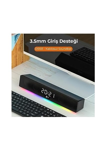 DS103 Rgb Bluetooth Stereo Radyo 75DB + Saat/alarm Aux, Flash Bellek, Sd Kart 3D Surround Ses Oyun, Ev, Ofis, Sinema Seyahat 10W Kompakt 41,5 x 7 x 6 cm Soundbar Işıklı Speaker Siyah modelleri