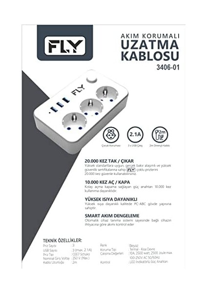 3406 Termal Akım Korumalı, Çocuk Korumalı, 3 x Usb, 2mt Uzatma Kablosu 3nanlü Priz, Beyaz fiyatları