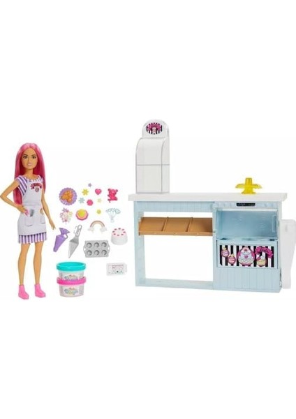 Pasta Dükkanı Oyun Seti ve Pembe Saçlı 30 cm Minyon Bebek, Fırın Standı, Pasta Yapma Özelliği, 20&apos;den Fazla Oyun Parçası, 3 Yaş ve Üzeri Için (HGB73) fiyatları
