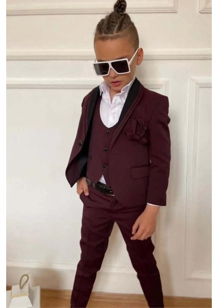 Erkek Çocuk Yakası Şerit Detaylı Cepken Yelekli Blazer Ceketli Bordo Takım Elbise