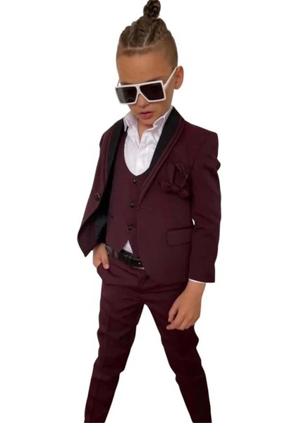 Erkek Çocuk Yakası Şerit Detaylı Cepken Yelekli Blazer Ceketli Bordo Takım Elbise fırsatları