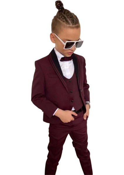 Erkek Çocuk Yakası Şerit Detaylı Cepken Yelekli Blazer Ceketli Bordo Takım Elbise indirimleri