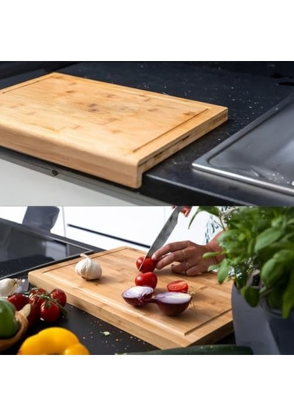 Tezgah Üstü Bambu Kesme Tahtası, Kaymaz Ekmek Tahtası, Kenarlı Kesme Tepsisi Büyük Boy (45CM*35CM) - Tezgah Üstü Bambu Kesim Panosu Antibakteriyel ve Hijyenik, Dayanıklı ve Sağlam. fiyatları