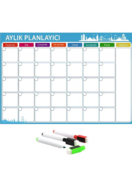 Mıknatıslı Aylık Planlayıcı | 3 Adet Kalem Hediyeli | 35X50CM | Magnet Buzdolabı Beyaz Tahta Not Alma Takip Okul Ders Çalışma Test Takip Programı Yemek Listesi Spor Hatırlatıcı