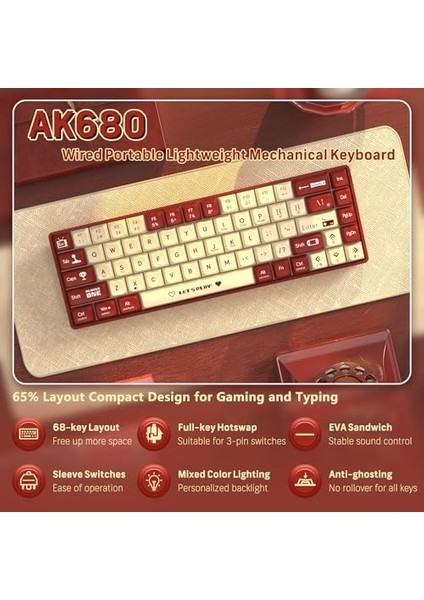 AK680 65% Kablolu Hotswap Mekanik Oyun Klavyesi,68 Tuşlu Taşınabilir Anti-Ghosting Klavye,gökkuşağı Arkadan Aydınlatmalı Programlanabilir,eva Sandviç,ergonomik Tasarım,kırmızı Anahtar-Kırmızı