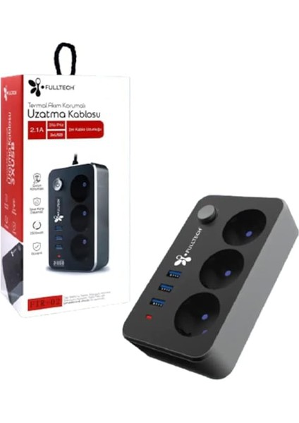 Termal Akım Korumalı 3&apos;lü Priz 3 x USB Grup Uzatma 2mt Kablo Uzunluğu