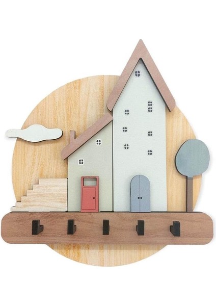 Art & Decoration Pastel Renkli Evler Ahşap Anahtarlık Hol Antre Askılık Duvar Dekor