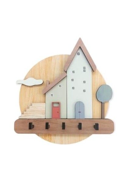 Art & Decoration Pastel Renkli Evler Ahşap Anahtarlık Hol Antre Askılık Duvar Dekor modelleri