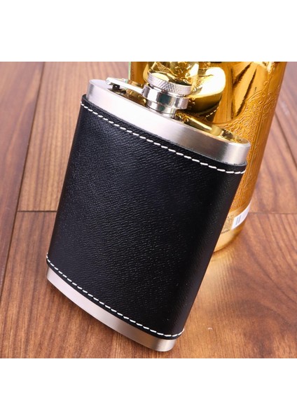 8 Oz 235 cc Hunili Siyah Hakiki Deri Kılıflı Çelik Viski Içki Matarası