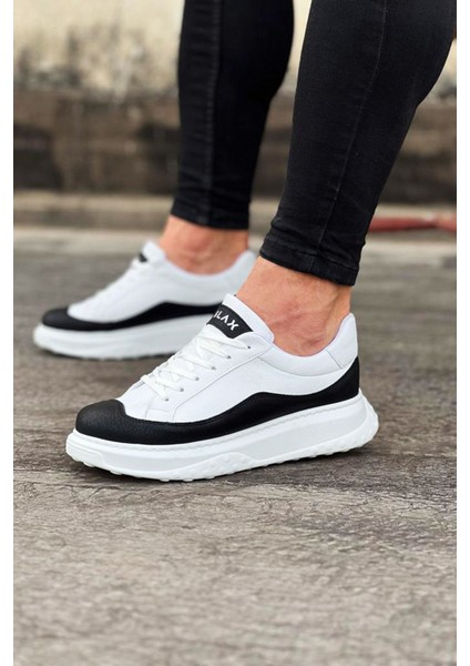 J507 Bağcıklı Ortopedik Taban Erkek Sneaker Günlük Ayakkabı Bt Beyaz/siyah