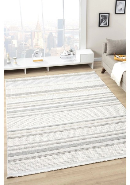 Krem Gri Yumuşak Dokulu Halı Kilim Salon Mutfak Koridor Yolluk Dokuma Makine Halısı 0016