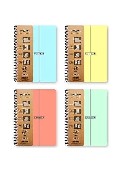 Infinity Pastel Serisi, A4, 4 Konulu (3 Kareli, 1 Çizgili) 120 Yaprak Pp Kapaklı Spiralli Defter, Pembe