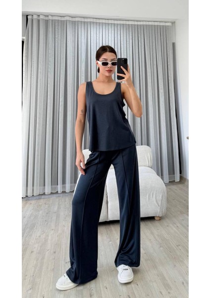 Kadın Lacivert Kalın Askılı Atlet Çımalı Palazzo Pantolon Modal Takım fiyatları