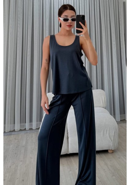Kadın Lacivert Kalın Askılı Atlet Çımalı Palazzo Pantolon Modal Takım