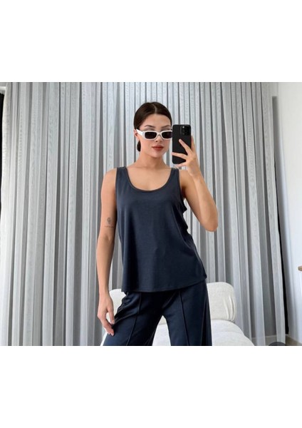 Kadın Lacivert Kalın Askılı Atlet Çımalı Palazzo Pantolon Modal Takım modelleri