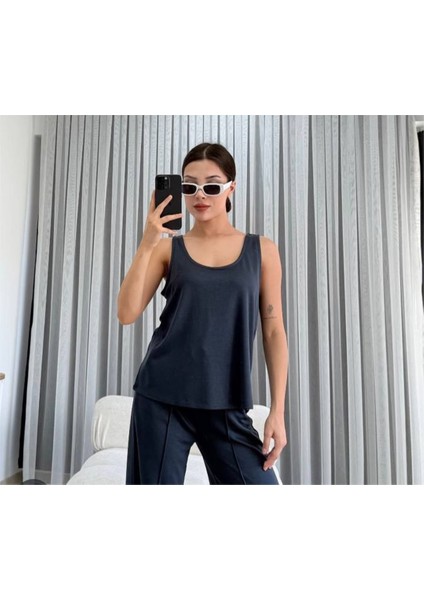 Kadın Lacivert Kalın Askılı Atlet Çımalı Palazzo Pantolon Modal Takım fırsatları