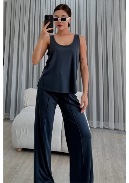 Kadın Lacivert Kalın Askılı Atlet Çımalı Palazzo Pantolon Modal Takım indirimleri