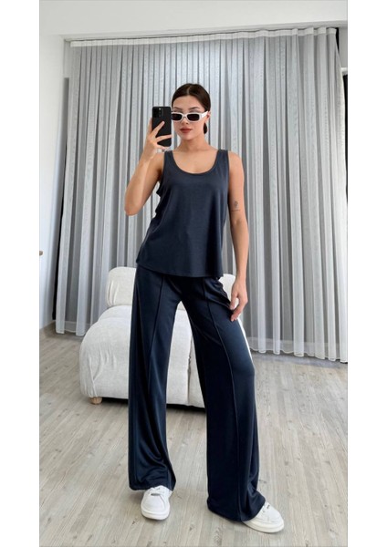 Kadın Lacivert Kalın Askılı Atlet Çımalı Palazzo Pantolon Modal Takım