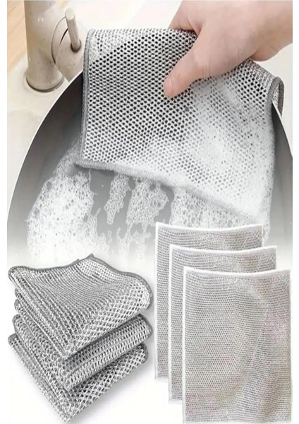 Telli Bulaşık Bezi Ovma Teli ve Çok Amaçlı Multi Ince Temizlik Fırçası 4 Adet