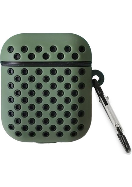Airpods 1/2 Nesil Delikli Spor Premium Silikon Kılıf + Karabina Klipsli, Tam Koruma ve Stil Sunan Ergonomik Tasarım (Zeytin Yeşili-Siyah)