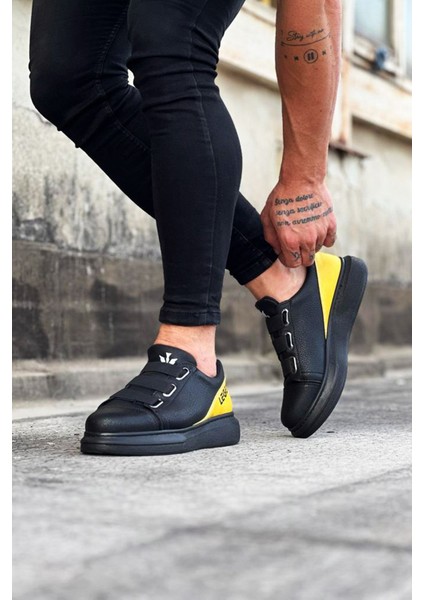 J029 Bağcıksız 3 Bant Lastikli Legend Ortopedik Taban Erkek Sneaker Günlük Ayakkabı St Siyah/sarı fırsatları