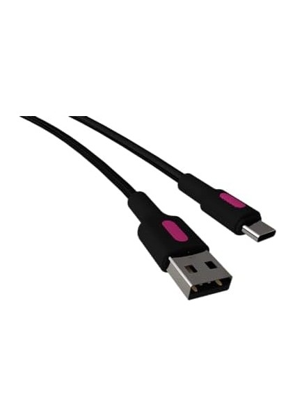 Coral USB A-C Hızlı Şarj Kablosu, Siyah Kablo, Fuşya/siyah Uçlar (150 Cm)