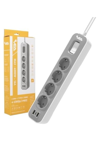 LED Grup Priz 3&apos;lü 4&apos;lü ve 5&apos;li 2 USB + 1 Type-C Girişli 16 Max 4000 Watt 5V 2.6 Aç-Kapa Anahtarlı 1.5 Metre Kablolu Akım Koruma Çocuk Koruma Yangın Koruma (4&apos;lü) fiyatları