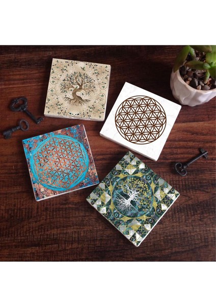 Yaşam Çiçeği, Hayat Ağacı Taş Bardak Altlığı Seti - 4 Parça - Dekoratif, Rustik Mutfak Aksesuarı, 10X10 Cm, Kaydırmaz Tabanlı, Şık ve Dayanıklı SC106