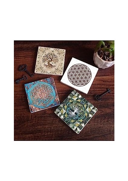 Yaşam Çiçeği, Hayat Ağacı Taş Bardak Altlığı Seti - 4 Parça - Dekoratif, Rustik Mutfak Aksesuarı, 10X10 Cm, Kaydırmaz Tabanlı, Şık ve Dayanıklı SC106 modelleri