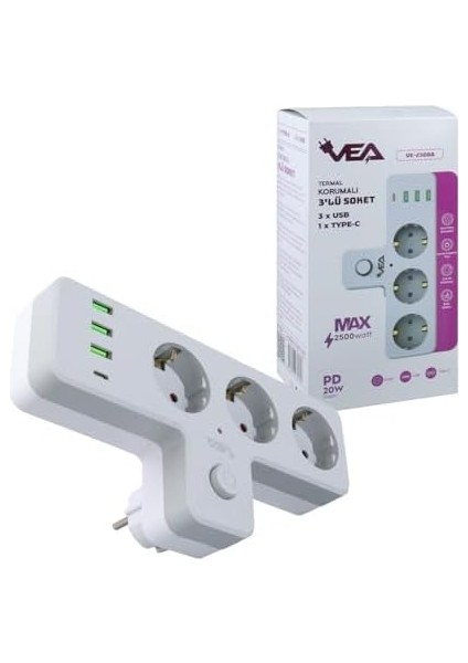 Grup Priz – 10 Amper 2500 Watt, Isıya Dayanıklı, Termal Koruma, 3 USB ve 1 Type-C Çıkışlı, Çocuk Koruması, Anahtarlı (3&apos;lü Diktörtgen Priz, 3 USB + 1 Type-C)