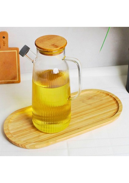 Borosilikat Cam Yağdanlık 1000 ml Bambu Kapaklı Yağ Sürahisi, Yağ ve Sirke Kabı