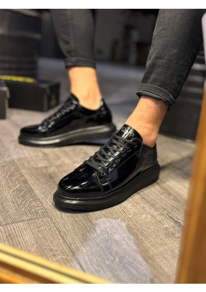 J044 Bağcıklı Ortopedik Taban Erkek Günlük Rugan Sneaker Spor Ayakkabı St Siyah