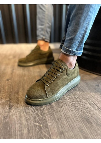 J044 Bağcıklı Ortopedik Taban Erkek Günlük Süet Sneaker Spor Ayakkabı Ht Haki