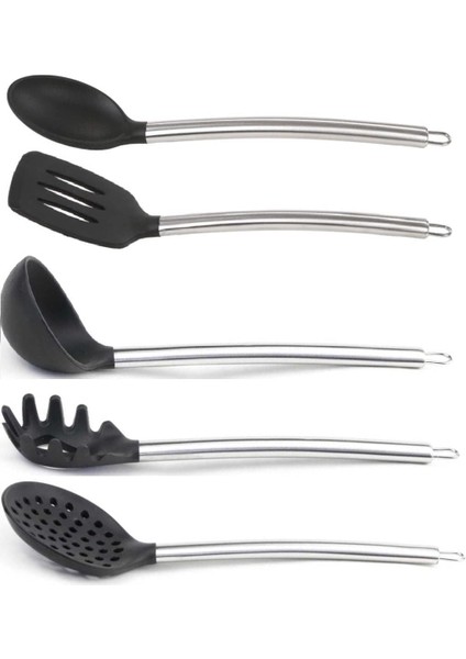 5&apos;li Silikon Kaşık Kepçe Seti, Silikon Kaşık, Spatula, Kepçe, Kevgir, Spagehetti Kaşığı