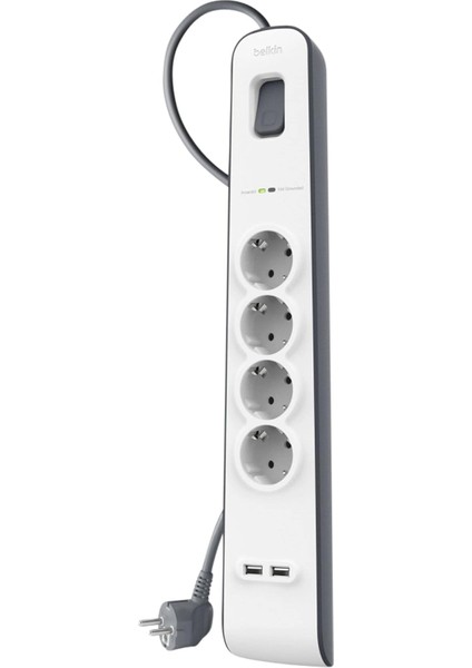 Surge Plus 4&apos;lü Priz, Yüksek Gerilim Korumalı (2,4 A, 2 M Kablolu 2 USB Bağlantısı Dahil) Beyaz/gri BSV401VF2M