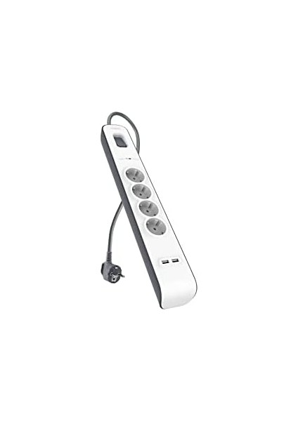 Surge Plus 4&apos;lü Priz, Yüksek Gerilim Korumalı (2,4 A, 2 M Kablolu 2 USB Bağlantısı Dahil) Beyaz/gri BSV401VF2M modelleri