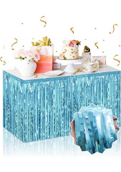Metalize Parti Masa Eteği Masa Dekoru Açık Mavi