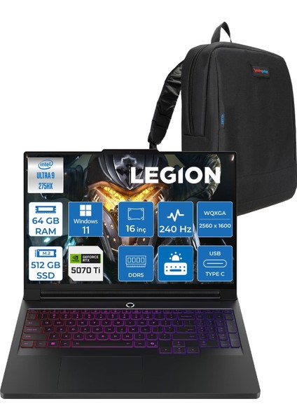 Legion Pro 7 Intel Core Ultra 9 275HX 64GB Ddr5 512GB SSD Windows 11 Home 12GB RTX5070TI 140W 16" Wqxga (2560X1600) OLED 500NITS 240HZ Taşınabilir Bilgisayar 83F5004QTRH37 + Zetta Çanta
